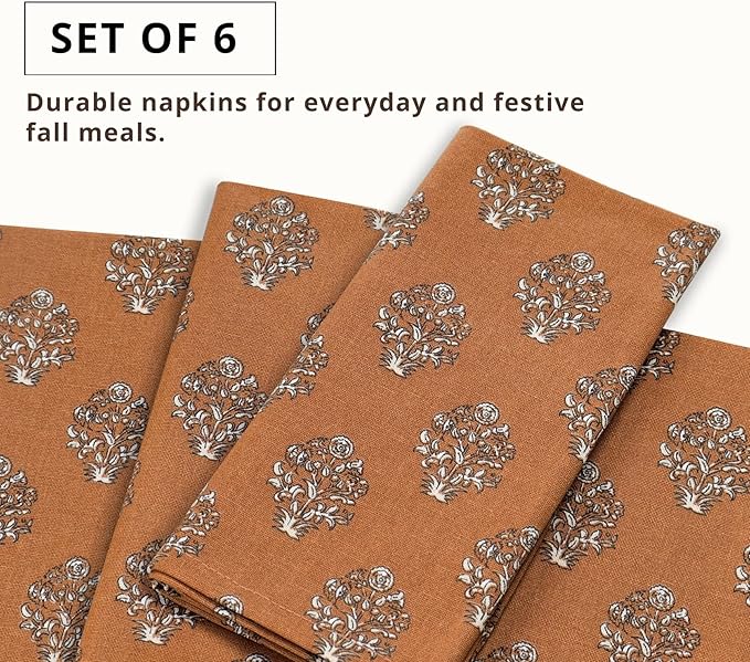 PurpleEssences Fall Harvest Thanksgiving Napkins 18x18 Inch,Set of 6-100% Cotton Autumn Leaves Print - Reusable, Washable Dinner Napkins for Home, Kitchen & Parties - Goldenrod Rust