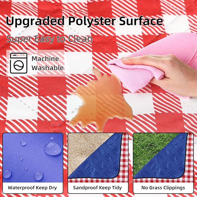 ZAZE Picnic Blanket Extra Large Waterproof, 80''x80''Checkered Picnic Blankets Beach, Outdoor, Camping on Grass Accessories Couple Ideas Wedding Registry Gifts (Red and White)