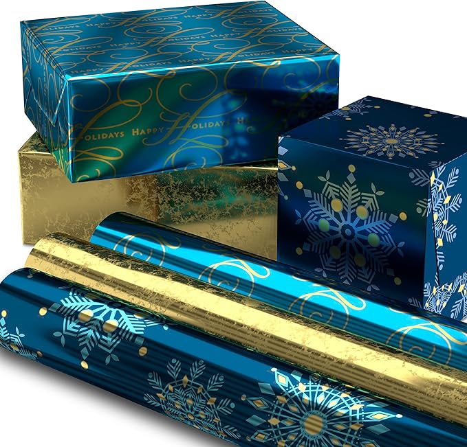 Hallmark Christmas Wrapping Paper Rolls, Metallic Foil Holiday Gift Wrap (Pack of 3: 60 sq. ft. ttl) Elegant Navy Blue and Gold for Christmas, Hanukkah, Weddings, Graduations