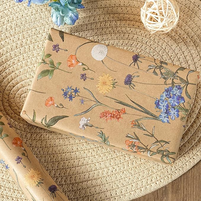 WRAPAHOLIC Kraft Floral Wrapping Paper Roll - Mini Roll - 17 Inch x 9.8 Feet - Wildflower Wrapping Paper Perfect for Girls Women Birthday, Wedding, Bridal Shower