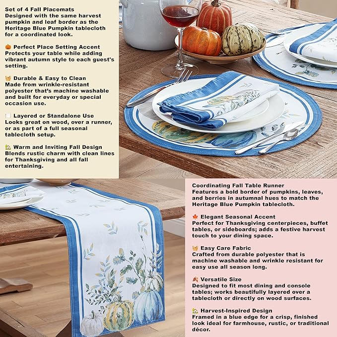 Home Bargains Plus Thanksgiving Contemporary Blue Pumpkin Tablecloth, 60 x 144 Inch Rectangle, Fall Harvest Easy Care Fabric Table Cover