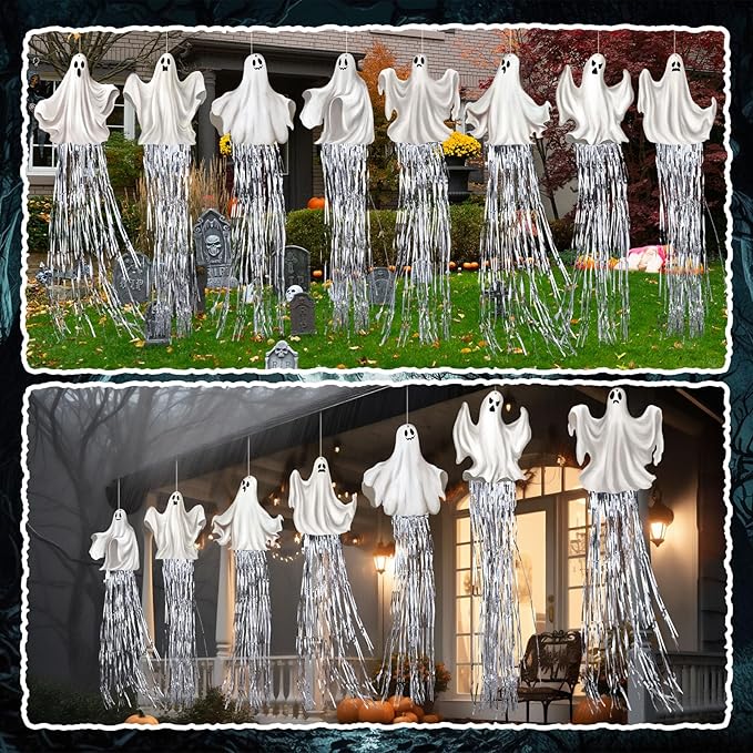 8 Pcs Halloween Ghosts Outdoor Hanging Decorations with Tassels Summer Halloween Decorations Yard Signs for Farmhouse Festival 3.3 ft Spooky Home Lawn Yard Party Supplies Garden Decor