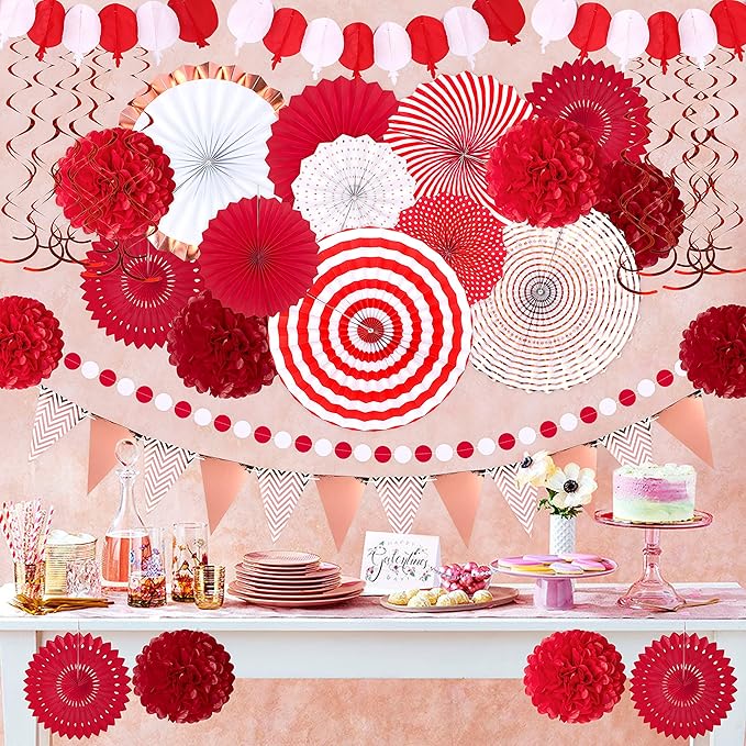 Moon Boat 35PCS Party Decorations Paper Fan Hanging Set - Birthday,Wedding,Baby Shower,Circus,Festival Decor (Red)