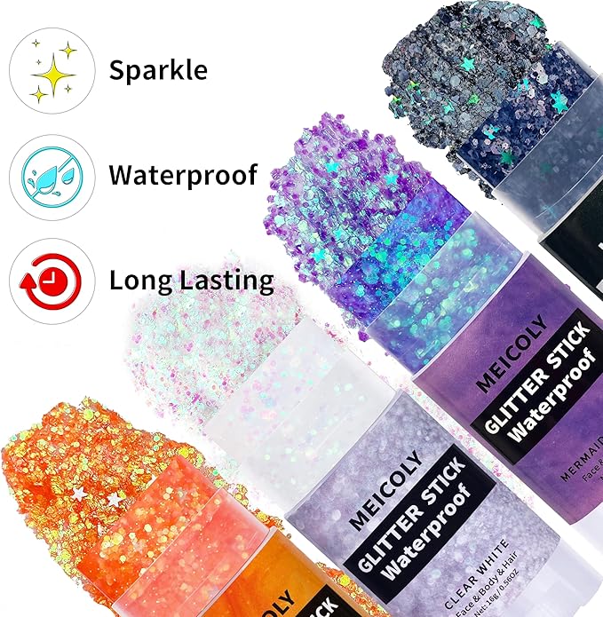 MEICOLY Black Face Body Glitter Stick,Hair Glitter Stick for Kids and Women,Sparkle Chunky Glitter Makeup,Waterproof Face Glitter for Party Rave Festival