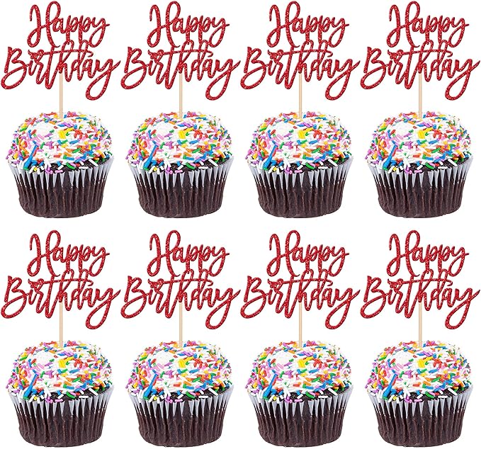 24 PCS Glitter Cupcake Toppers - Happy Birthday & Anniversary Picks - Red