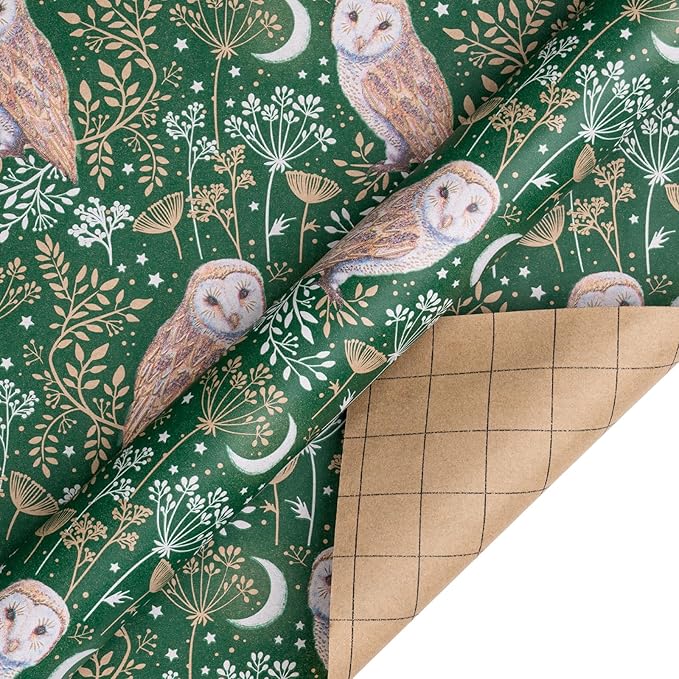 RUSPEPA Christmas Wrapping Paper Set, Jumbo Roll, 4 Rolls Green Owl Reindeer Ball Design Kraft Gift Wrap with 8 Bows, 2 Spools of Bakers Twine, 30 Stickers and 30 Gift Tags, 30 Inch x 10 Feet Per Roll