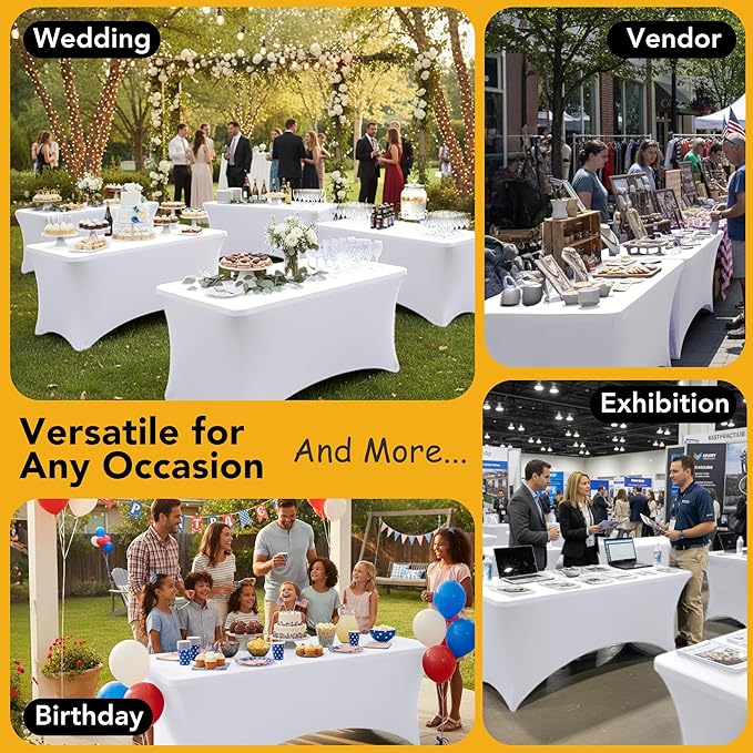 8-Pack Premium White Spandex Tablecloths for 6ft Rectangle Tables, Stain & Wrinkle-Resistant, Washable Stretch Polyester Fitted Table Cover for Weddings, Banquets, Trade Shows Events