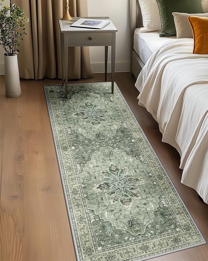 Area Rugs 2'x8' Washable Non-Slip, Floral Vintage Distress Print Pattern Medallion Carpet for Living Room Bedroom Dining Room, Dark Green Gray