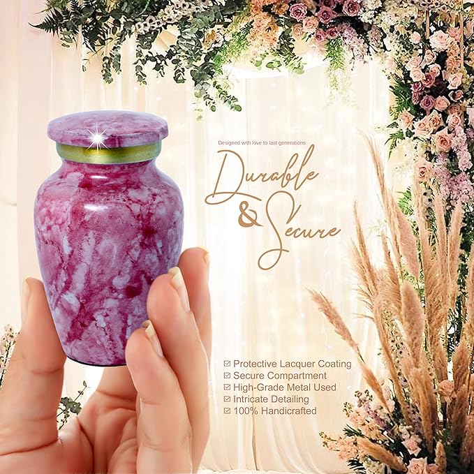 Small Keepsake Urn for Human or Pet Ashes – Handcrafted Light Red Marble Mini Urn with Velvet Bag & Gift Box | Durable Metal Memorial Token Jar for Baby, Infant, Pet or Loved One – 3 Cu in