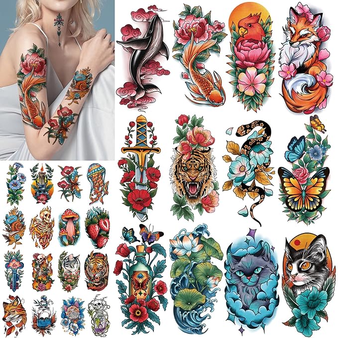 77 Sheets Temporary Tattoo for Women Men, 17 Sheets Half Arm Skull Fox Tiger Cat Parrot Snake Fake Tattoos, 60 Sheets Vintage Traditional Tiny for Adult Kids Body Tattoos Stickers Waterproof Realistic
