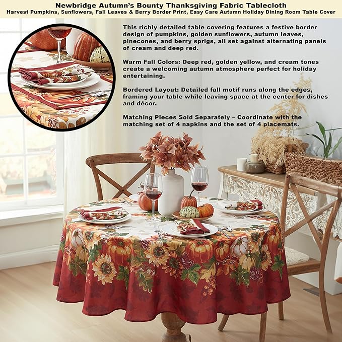 Newbridge Thanksgiving Autumns Bounty Bordered Round Fabric Tablecloth, 70 Inch Round Bountiful Farm Pumpkin Fall Harvest Multicolor Easy Care Table Cloth for Holiday Party