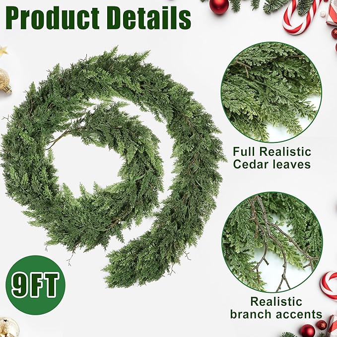 9ft Christmas Garland Realistic Soft and Thickness Green Faux Cedar Pine Garland Artificial Cedar Cypress Garland for Home Fireplace Wall Indoor Outdoor Holiday Party Home Decoration