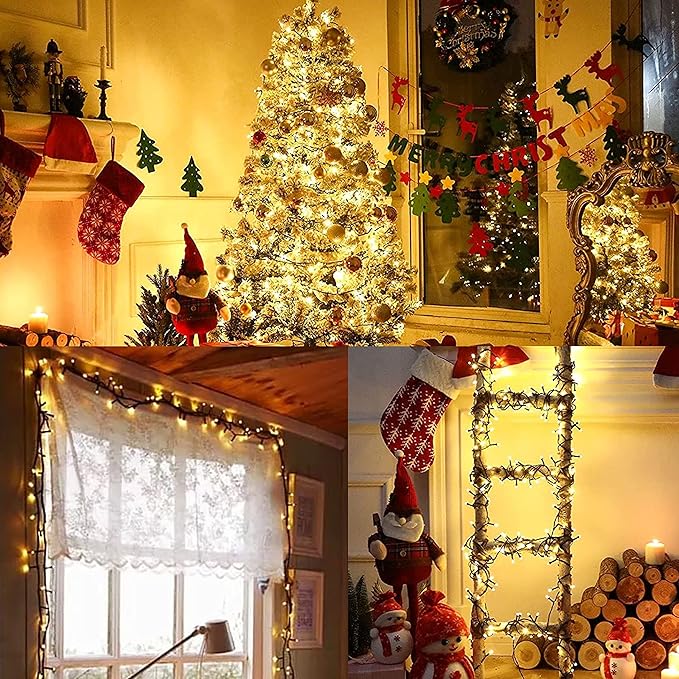 YEGUO 200 LED 66ft Christmas Lights Outdoor Waterproof, Warm White String Light Indoor, 8 Modes Green Wire Twinkle Xmas Tree Light Plug in with Memory Timer