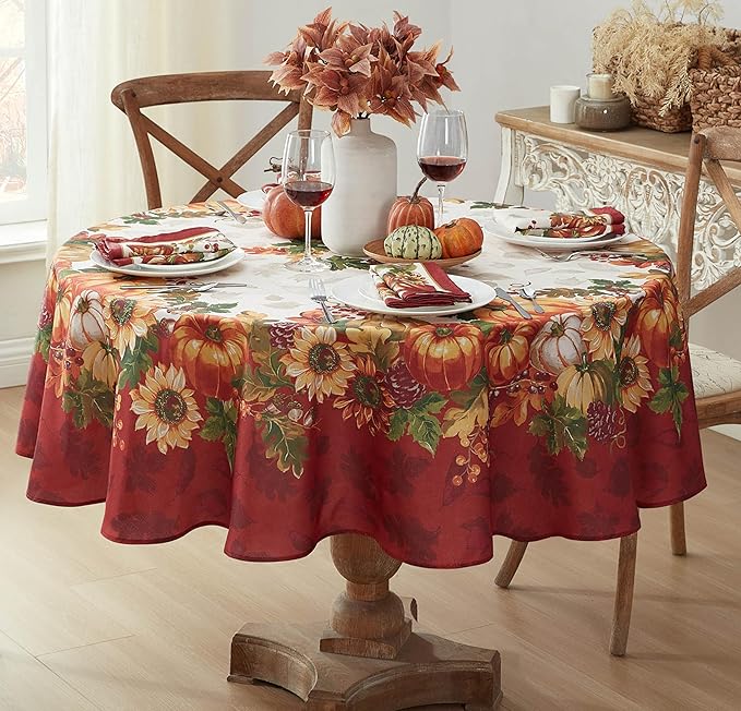 Newbridge Thanksgiving Autumns Bounty Bordered Round Fabric Tablecloth, 70 Inch Round Bountiful Farm Pumpkin Fall Harvest Multicolor Easy Care Table Cloth for Holiday Party