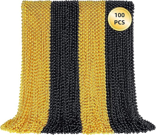 SHAOQINLIN 100 PCS Gold Black New Year Necklaces, 33'' Happy New Year Eve Necklaces Accessories, 2026 New Year Party Beads for New Year's Day, Halloween, Christmas, Carnival Party Favors