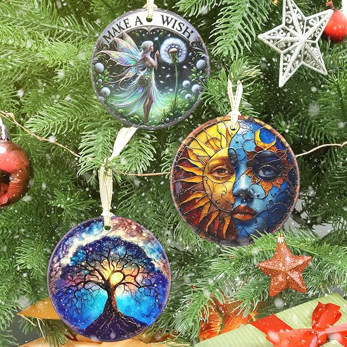 Sun and Moon Ceramic Christmas Ornament, 3.5 Inch Hanging Decor for Christmas Tree, Gift for Holiday Present Exchange