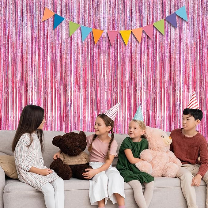 2 Pack Glitter Pink Backdrop, 3.28 FT x 7.05 FT Birthday Party Decorations, Laser Pink Fringe Curtains Foil Streamer Tinsel, Pink Curtains Photo Backdrop Happy Birthday Backdrop