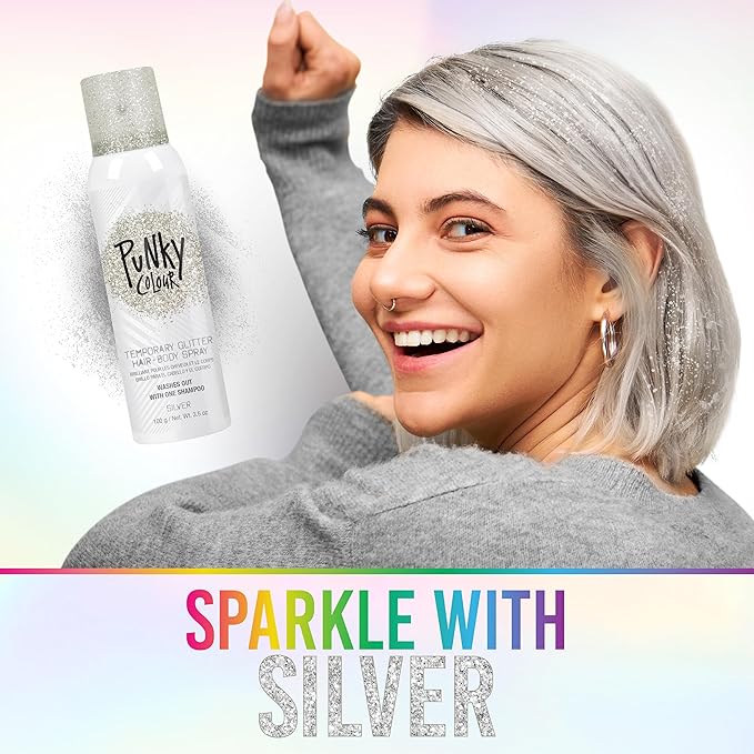 Punky Temporary Hair and Body Glitter Spray Silver – Glitters Hairspray, Adds Sparkly Shimmery Glow, Hair Glitter for Kids, Women, Men 3.5 oz