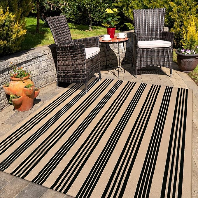 KIMODE Indoor Outdoor Rug 5'x7', Black and Khaki Striped Fall Outdoor Rug, Reversible Washable Large Patio Rugs, Cotton Hand Woven Farmhouse Indoor Area Rug Floor Carpet for Backyard Living Room