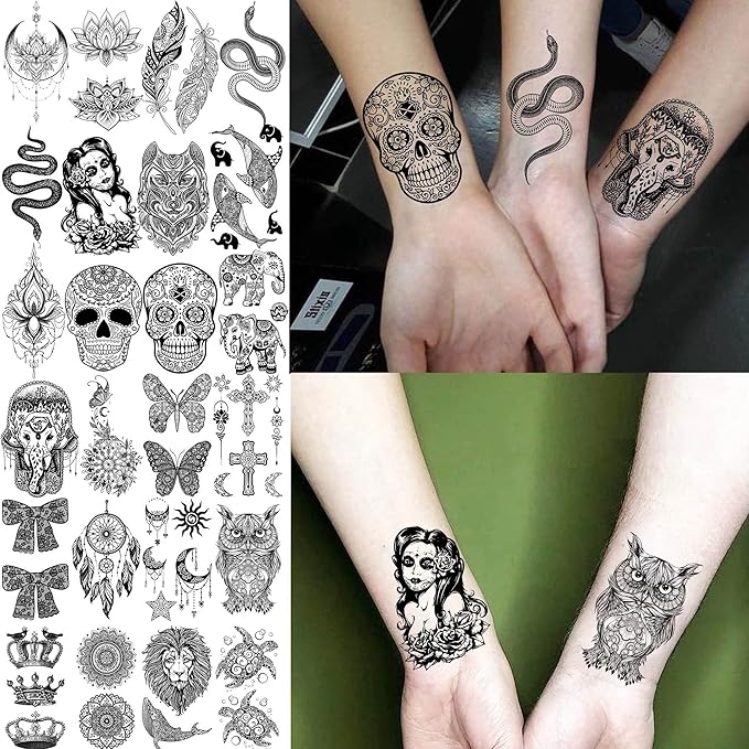 32 Sheets 89+ PCS Black Lotus Temporary Tattoos For Women Hands Adults Underboob, Tribal Indian Elephant Skull Snake Fake Tattoos, Bulk Bohemia Butterfly Tattoo Kit Sets Mandala Flower Moon