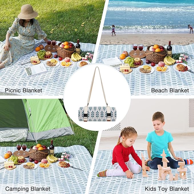 Picnic Blankets Washable | Beach Mat Sand Free Waterproof | Camping Blankets | Emergency Blankets | Picnic Baskets Accessories with Waterproof Backing and Shoulder Strap - Blue