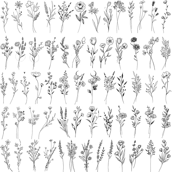15 Sheets FANRUI Sexy Tiny Branch Black Flower Temporary Tattoos For Women Girl Neck Realistic Floral Bouquet Small Tattoo Temporary Lavender Fake Tattoo Sticker For Adults Face Hands Kit