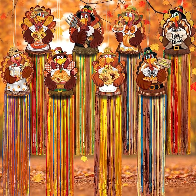 8 Pcs Fall Thanksgiving Turkey Outdoor Hanging Decorations with Tassels Harvest Yard Decoration Windsocks for Outside 3.3ft Signs for Wall Tree Home Lawn Yard Party Supplies Garden Decor