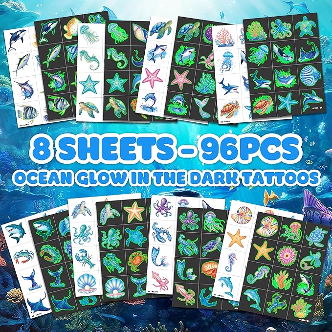 96 PCS Ocean Sea Animal Shark Whale Fish Pre-Cut Luminous Glow in the dark Temporary Tattoos for Kids | Super Cute Themed Birthday Party Favors Supplies Decorations, Fake Tattoos Gifts for Boys Girls