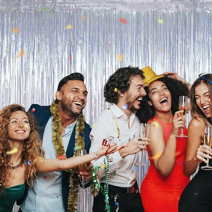 8 Pack Fringe Backdrop, 3.28 FT x 7.05 FT Glitter Silver Fringe Tinsel, Metallic Foil Curtains Disco Photo Backdrop Foil Streamer, Silver Party Decorations Disco Decor Engagement Party Supplies