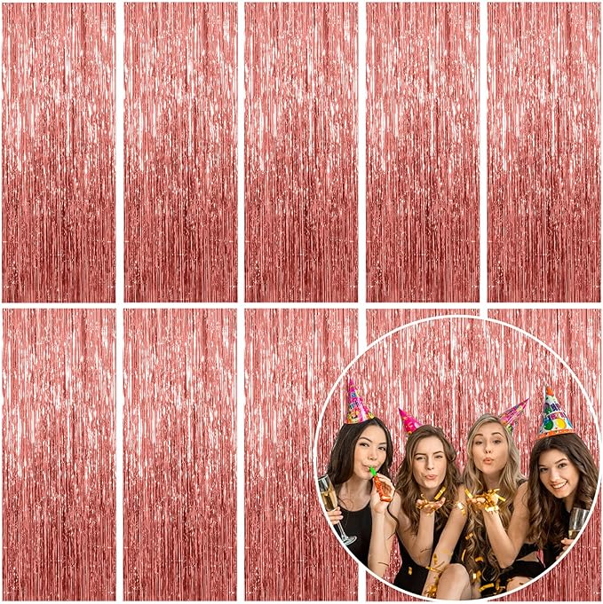 10 Pack Foil Curtain Backdrop Rose Gold Metallic Tinsel Foil Fringe Curtains Photo Booth Props for Birthday Wedding Engagement Baby Shower Bachelorette Christmas Holiday Celebration Party Decorations