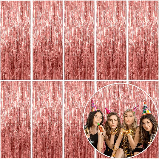 10 Pack Foil Curtain Backdrop Rose Gold Metallic Tinsel Foil Fringe Curtains Photo Booth Props for Birthday Wedding Engagement Baby Shower Bachelorette Christmas Holiday Celebration Party Decorations