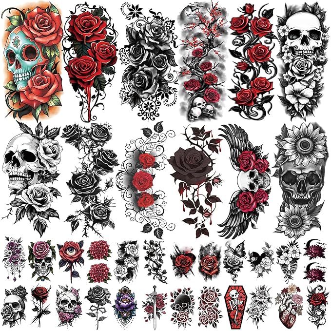 77 Sheets Flowers Skeleton Skull Temporary Tattoo for Women Men, 17 Half Arm Dark Gothic Punk Rocker Butterfly Fake Tattoos, 60 Scary Halloween Cosplay Tiny Adult Kid Body Tattoos Stickers Realistic