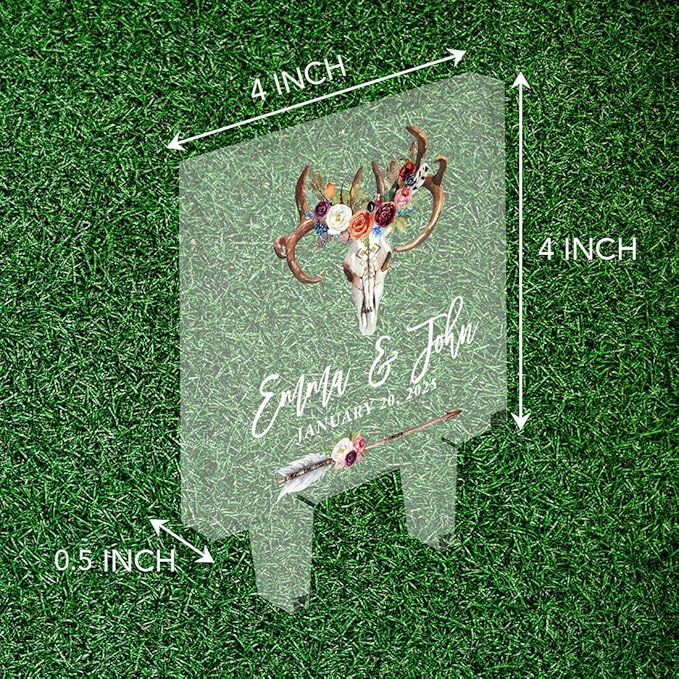 Andaz Press Boho Woodland Antlers Custom Wedding Cake Topper, Acrylic Square Personalized Couple Cake Topper