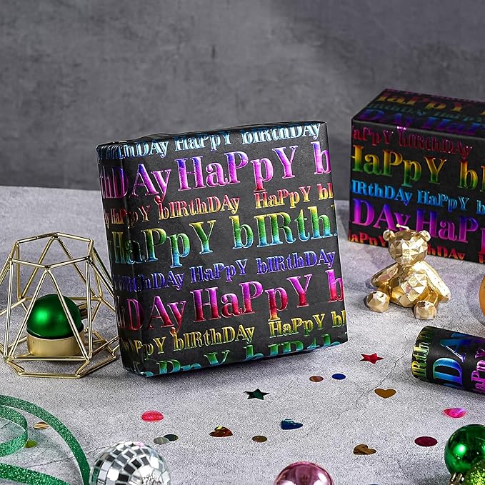 WRAPAHOLIC 3D Kraft Birthday Wrapping Paper Roll - Mini Roll - 17 Inch x 16.5 Feet - Black and Colorful Foil Happy Birthday Wrapping Paper with Embossed for Kids Boy Girls, Baby Shower