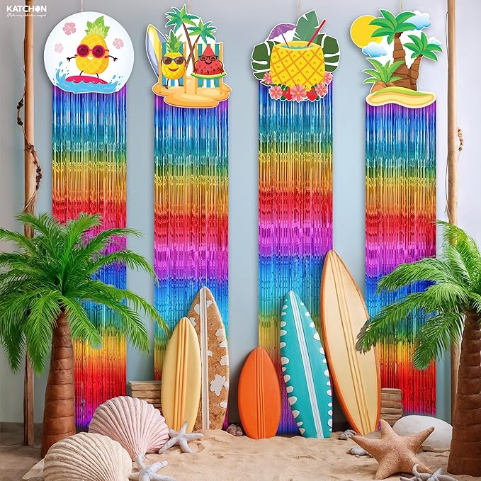 KatchOn, Colorful Tropical Fringe Hanging Decorations - Pack of 8 | Rainbow Streamers for Luau, Hawaiian, Topical Party Decorations | Summer Photo Booth Backdrop for Pool, Summer Party Decoration