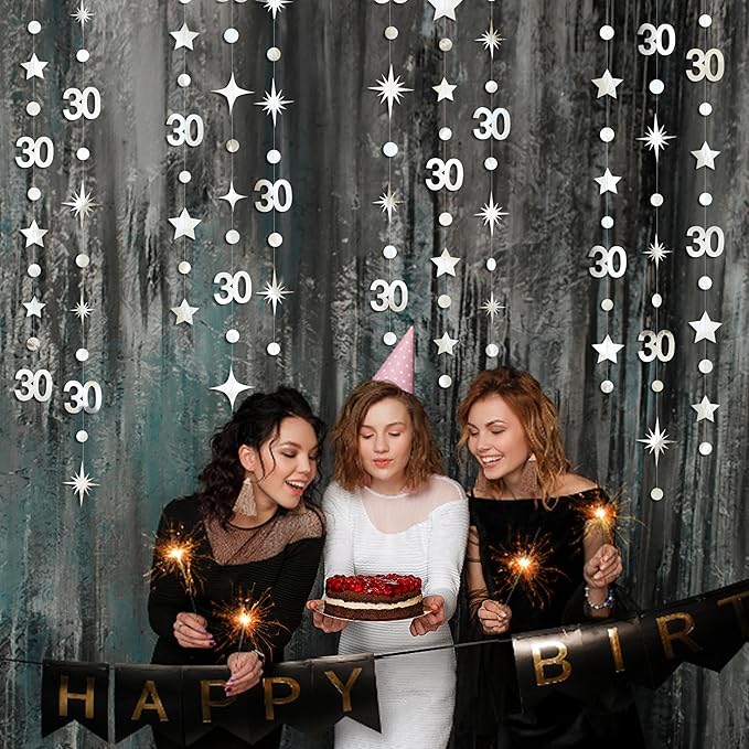 Silver 30th Birthday Decorations Number 30 Circle Dot Twinkle Star Garland Metallic Streamer Banner Backdrop for Mens Womens Happy Dirty Thirty Cheers to 30 Years Old 30th Anniversary Party Supplies