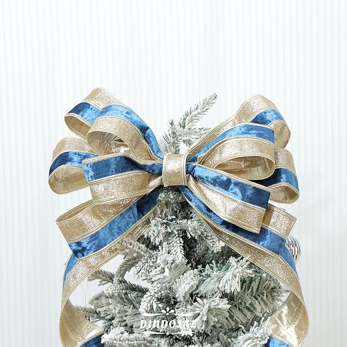 Navy Blue Velvet Wired Christmas Ribbon 2.5 Inch Blue and Gold Holiday Ribbon – 10-Yards Roll for Tree Decorations, Gift Wrapping, Wreaths, and DIY Crafts