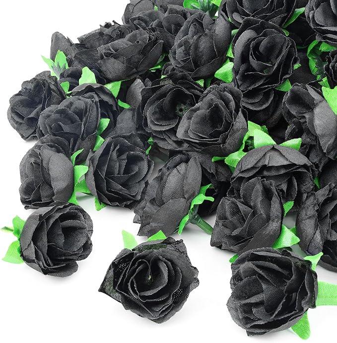 100pcs Black Roses Artificial Flowers Bulk 1.3 Inch Fake Mini Back Rose Heads Silk Black Roses for Decor DIY Crafts Wedding Party Home Decor ﻿