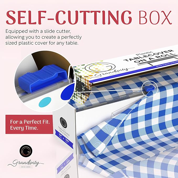 Grandipity Plastic Tablecloth Roll - 54in x 100 Ft. Blue Gingham Checkered Plastic Table Cloths for Parties Disposable with Cutter Box - Cut to Size | Disposable Tablecloth for Rectangle & Round