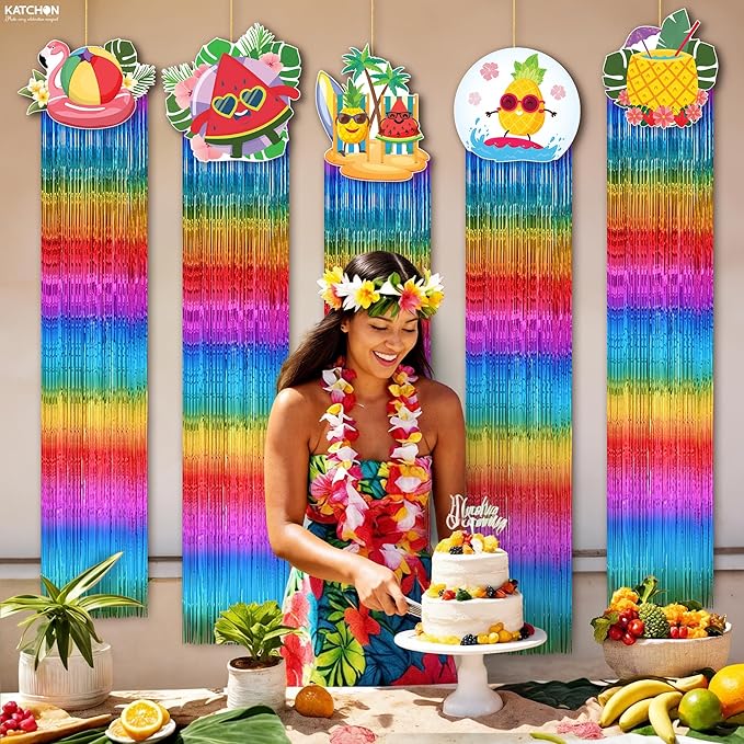 KatchOn, Colorful Tropical Fringe Hanging Decorations - Pack of 8 | Rainbow Streamers for Luau, Hawaiian, Topical Party Decorations | Summer Photo Booth Backdrop for Pool, Summer Party Decoration