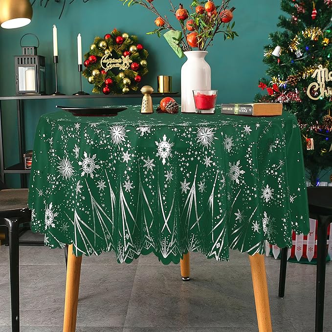 LUSHVIDA Christmas Round Tablecloth, 60 Inch Green (Fits 20-48 Inch Tables) Washable Water Resistance Circle Table Cloth Microfiber Decorative Table Cover for Holiday Banquet Party Kitchen Dining Room