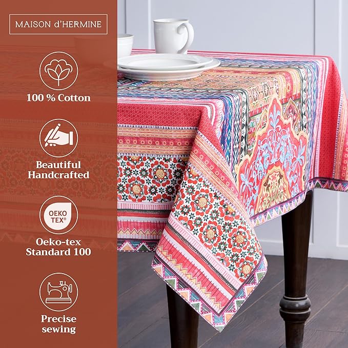 Maison d' Hermine Table Cloth Rectangle Table 100% Cotton 70 x 140 Inches Fall Tablecloth Reusable Everyday Use for Thanksgiving Christmas Decorations Dining Farmhouse Party (Ispahan)