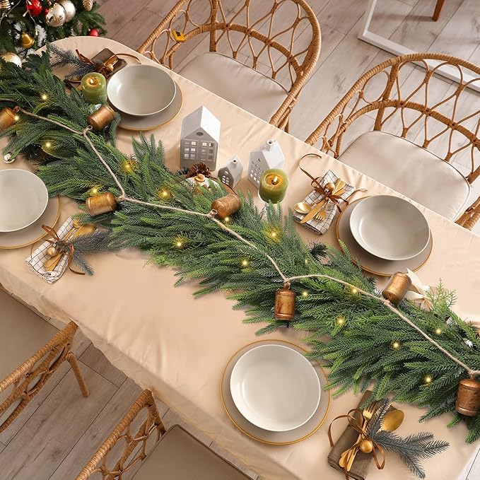 Fovths 9 Ft Christmas Garlands with Lights and Bells Real Touch Norfork Pine Garland Artificial Greenery Garlands for Christmas Mantle, Table Indoor Outdoor Decorations, Green