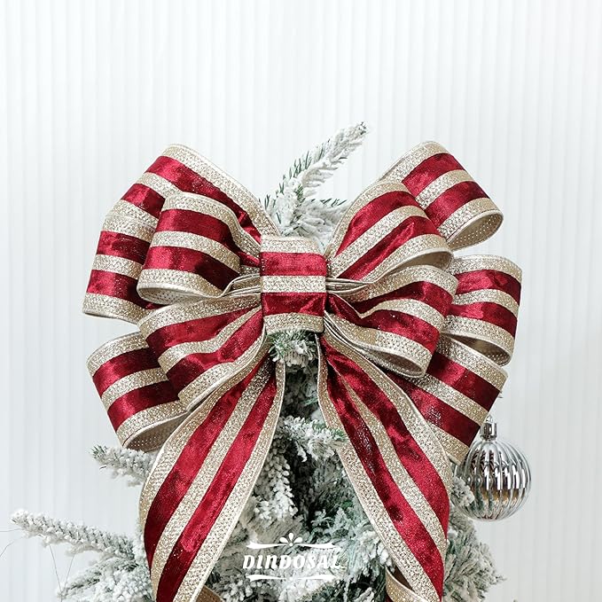 Burgundy Velvet Wired Ribbon with Champagne Glitter Stripe 2.5 Inch Crushed Velvet Christmas Ribbon, 10 Yards for Gift Wrapping, Crafts, Christmas Tree Decorations, Wreath Supplies, Garlands