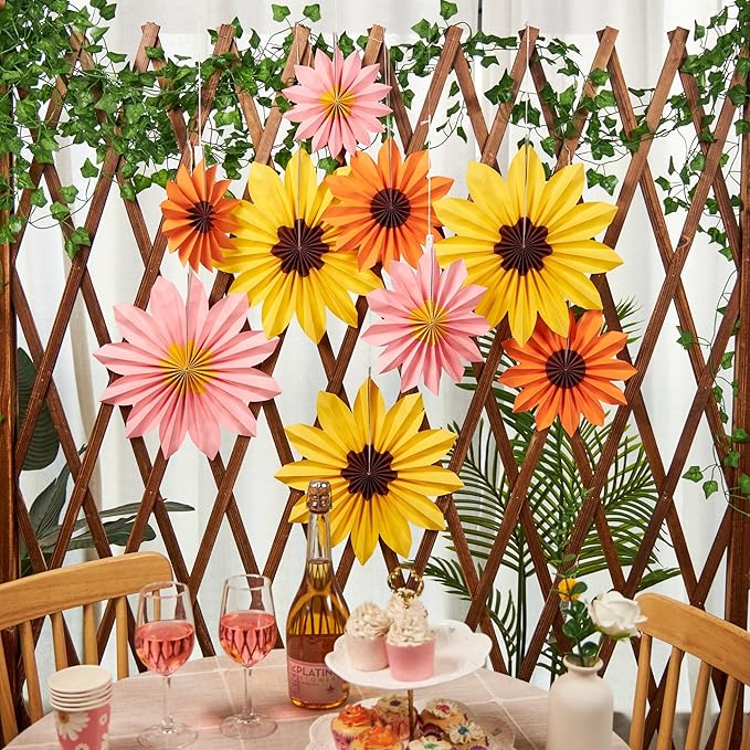 Homarkable 9 PCS Paper Flowers Decorations, Yellow, Pink and Orange Birthday Decorations, Sunflower Folding Paper Fans, Classroom Decoration Floral Backdrop Decor