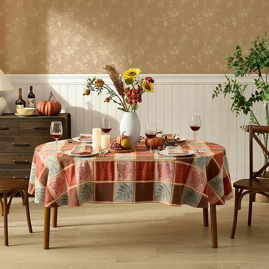 Newbridge Whispering Leaves Rust Orange and Green Plaid Thanksgiving Tablecloth, 60 x 84 Inch Oval, Autumn Leaf Woven Fabric Table Cover, Fall Harvest Dining Decor