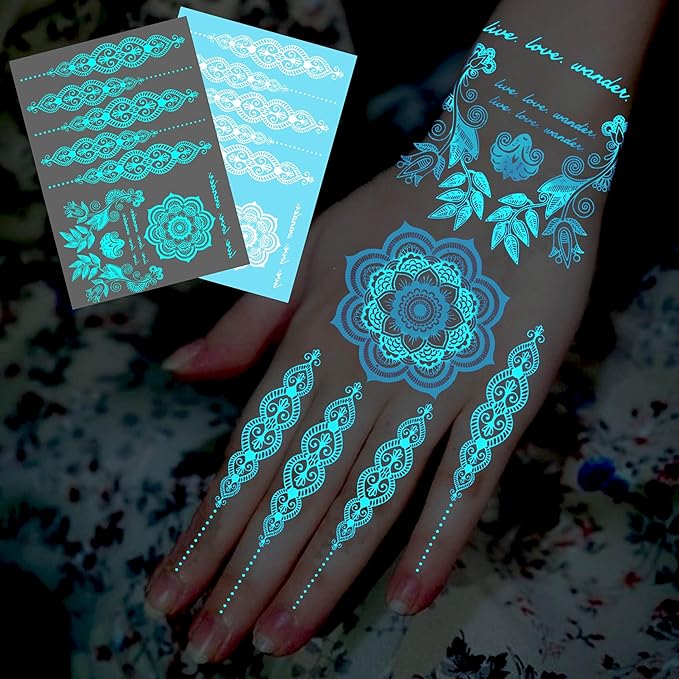 4 Sheets Blue Luminous Mandala Flower Tempoprary Tattoos For Women Girls Adults Hands Arm, Sexy Tribal Lace Lotus Glow In The Dark Fake Tattoo Stickers, Night Glitter Wedding Festival Party Supplies