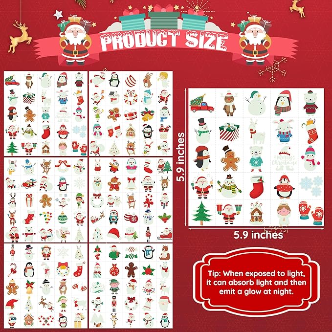 150PCS Luminous Christmas Tattoos for Kids, Christmas Accessories, 150 Kinds of Glow in the Dark Xmas Temporary Tattoos, Stocking Stuff Xmas Supplies for Kids, Xmas Goodie Bag Candy