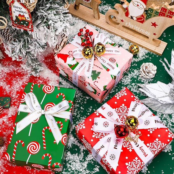 WRAPAHOLIC 30 Inch Christmas Wrapping Paper Roll - Jumbo Roll Red, Green and Pink Christmas Gnome Elf Holiday Collection - 4 Rolls - 30 Inch x 120 Inch Per Roll