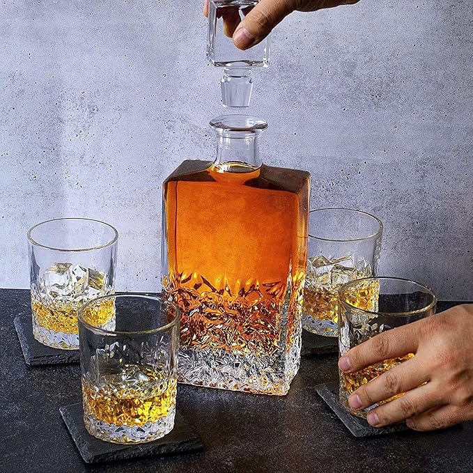 Whiskey Decanter Glasses Set Lead-Free Crystal Glass Scotch Tasting Cups Wine Bottle for Drinking Irish Whisky Bourbon Tequila tumbler (Leaves, 1 Decanter & 6 Glasses Set)